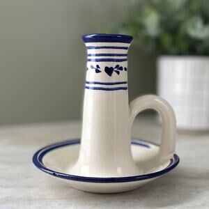 Vintage Stoneware Pottery Chamberstick Candle Holder - Folk Art Cottagecore